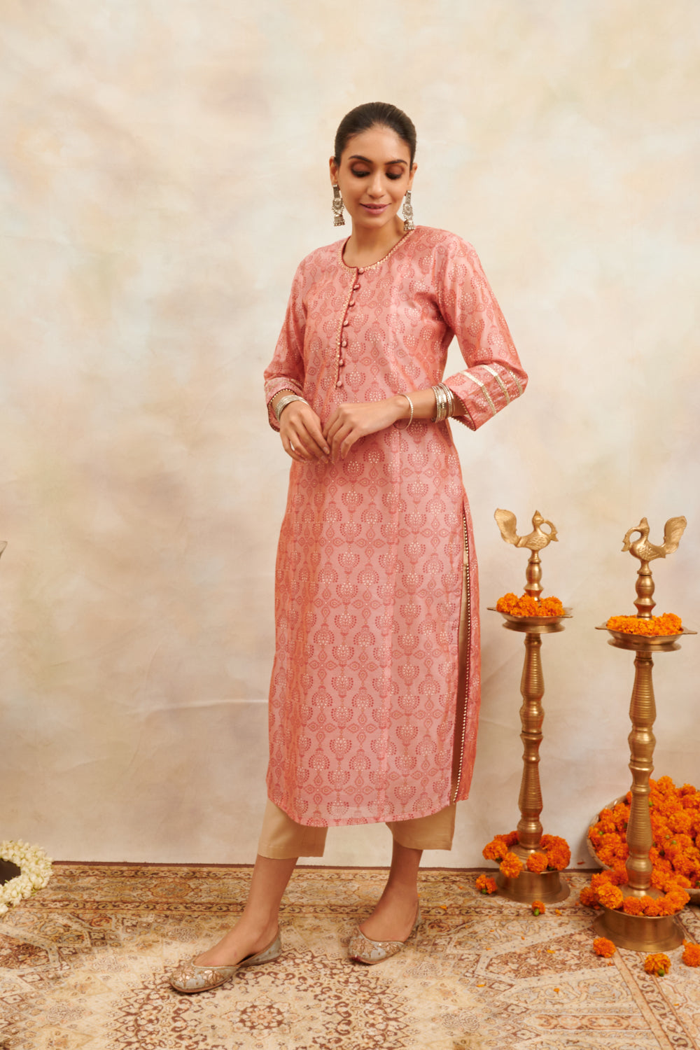 Soft Rust Color Khari Printed Chanderi Silk Kurta