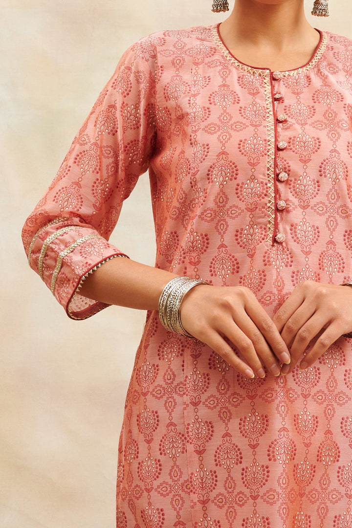 Soft Rust Color Khari Printed Chanderi Silk Kurta