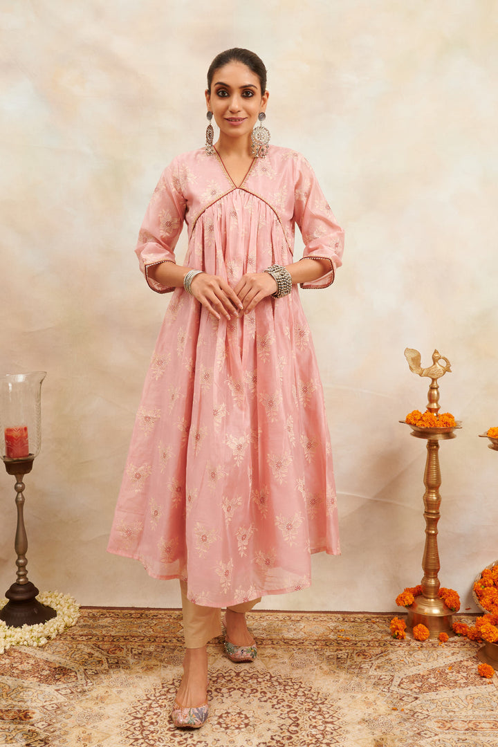 Peach-Khari-Chanderi-Silk-Printed-'A'-Line-Kurta