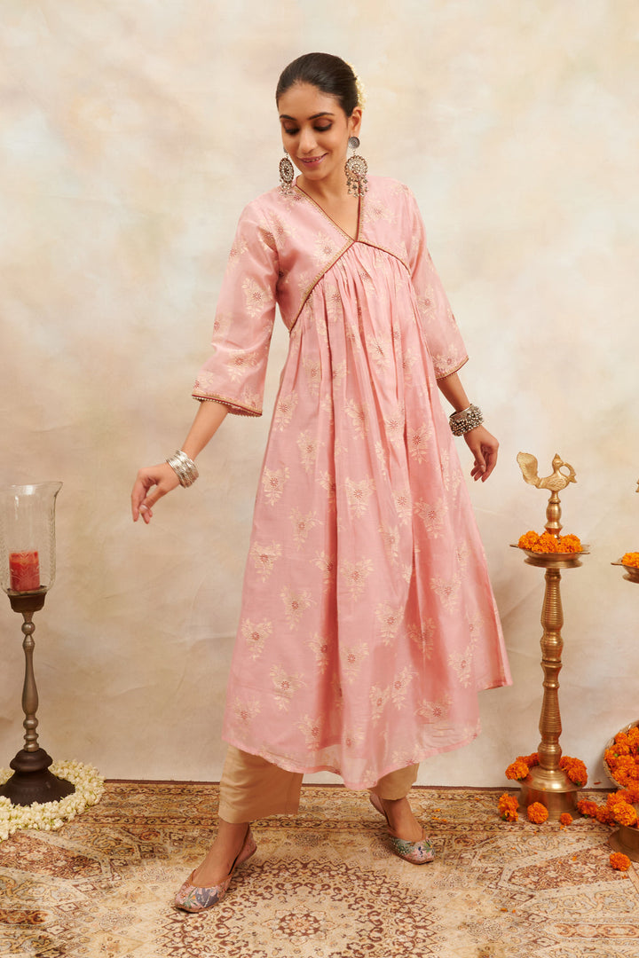 Peach-Khari-Chanderi-Silk-Printed-'A'-Line-Kurta