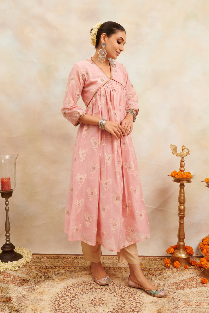 Peach-Khari-Chanderi-Silk-Printed-'A'-Line-Kurta