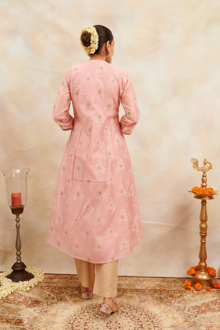 Peach-Khari-Chanderi-Silk-Printed-'A'-Line-Kurta