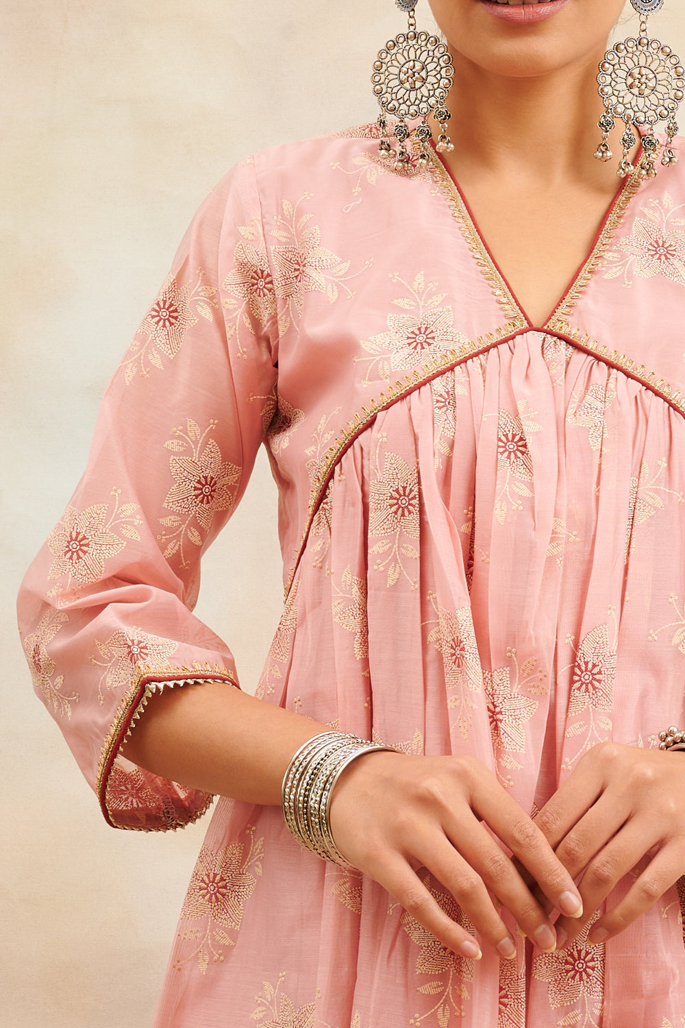 Peach-Khari-Chanderi-Silk-Printed-'A'-Line-Kurta