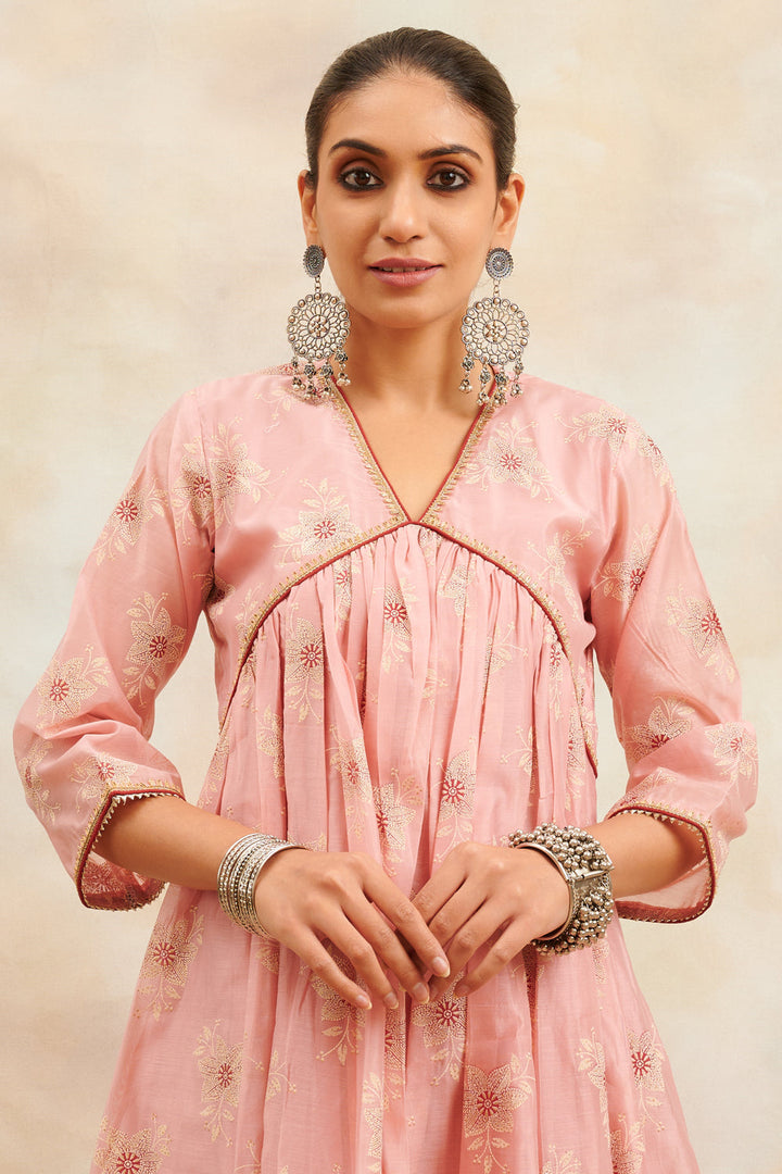 Peach-Khari-Chanderi-Silk-Printed-'A'-Line-Kurta