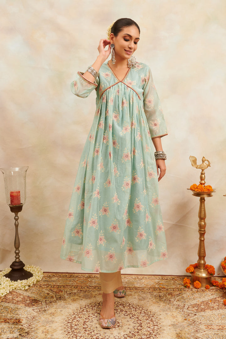 Blue-Khari-Chanderi-Silk-Printed-'A'-Line-Kurta