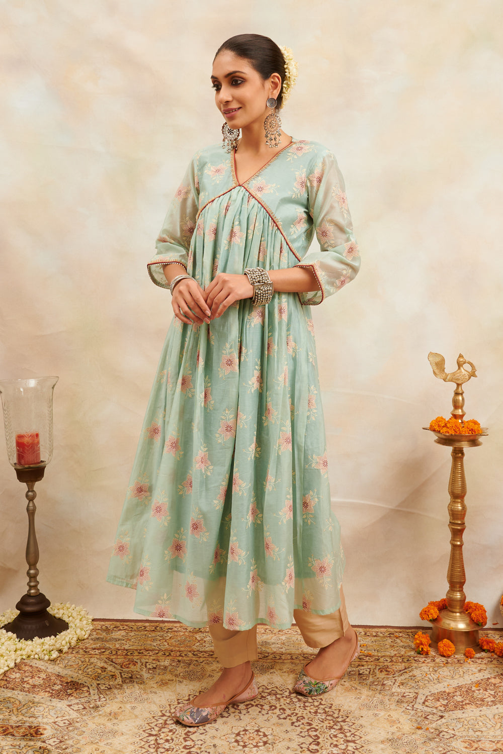 Blue-Khari-Chanderi-Silk-Printed-'A'-Line-Kurta