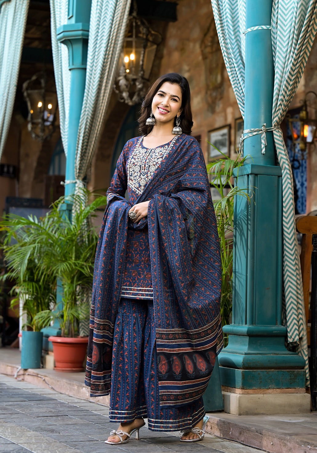 Indigo-Blue-Cotton-Ethnic-Motifs-Dori-Embroidery-Sharara-Set