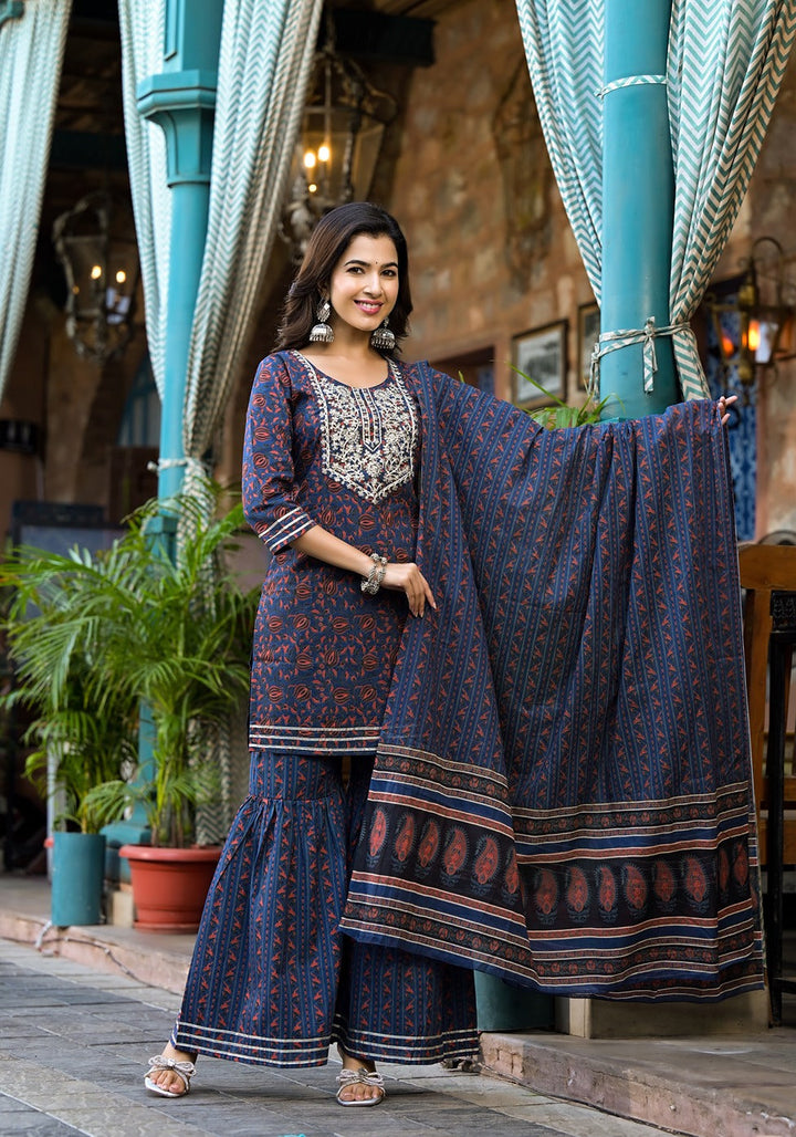 Indigo-Blue-Cotton-Ethnic-Motifs-Dori-Embroidery-Sharara-Set