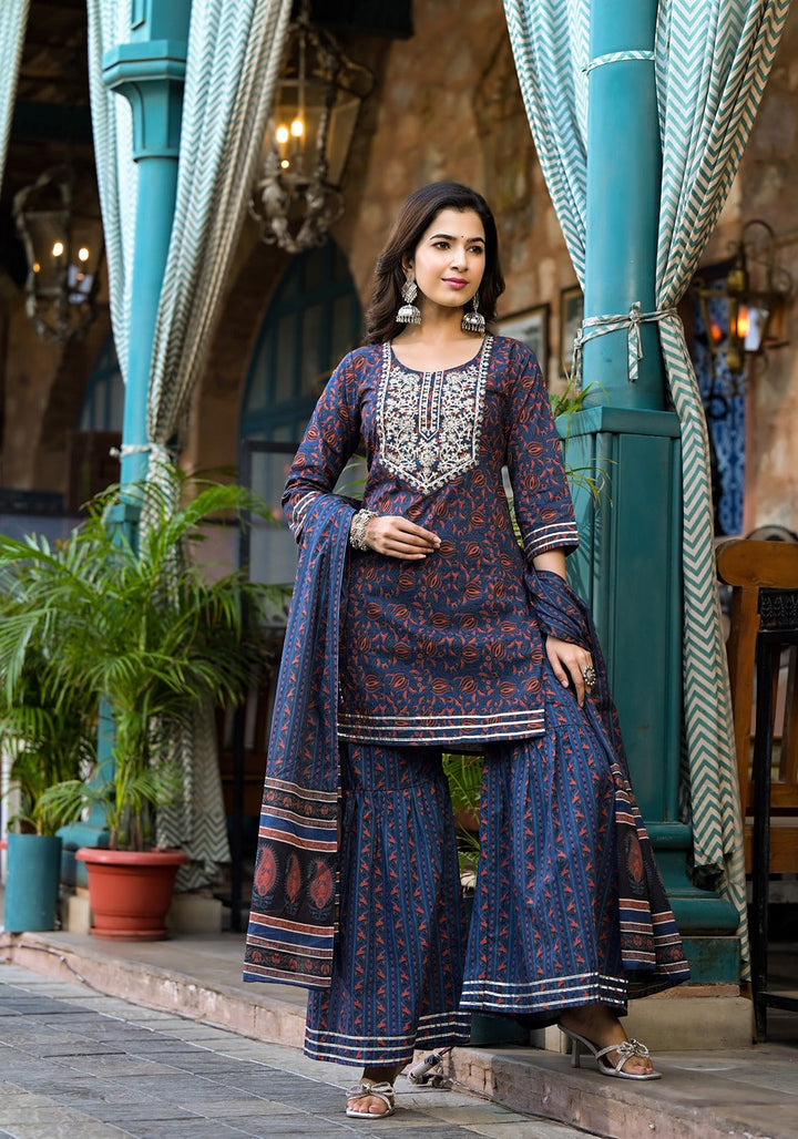 Indigo-Blue-Cotton-Ethnic-Motifs-Dori-Embroidery-Sharara-Set