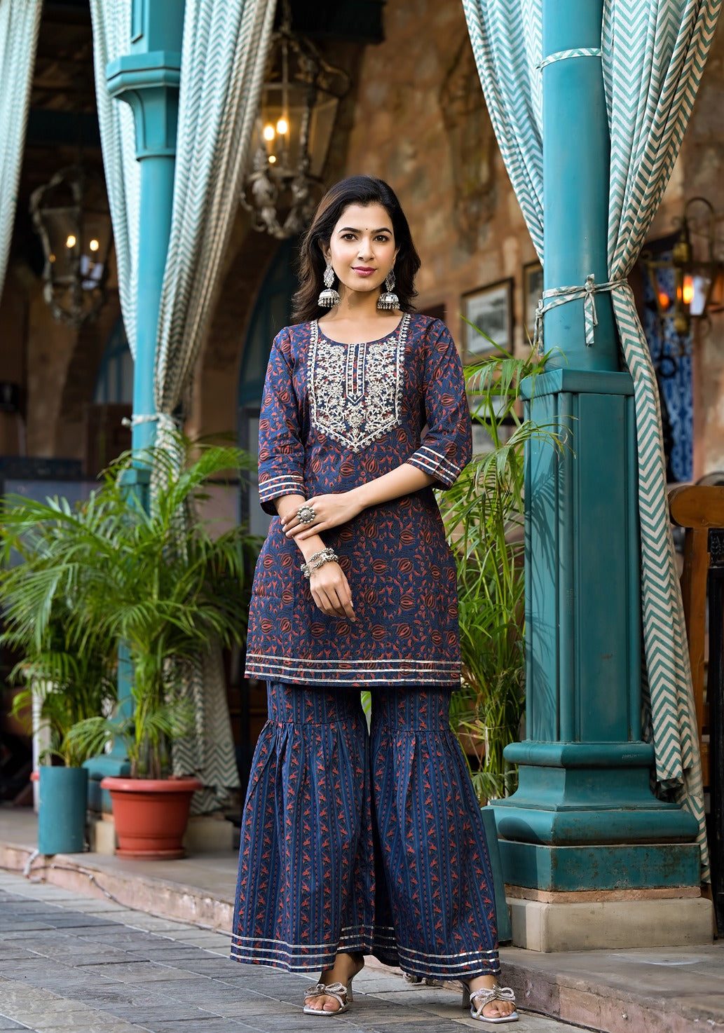 Indigo-Blue-Cotton-Ethnic-Motifs-Dori-Embroidery-Sharara-Set