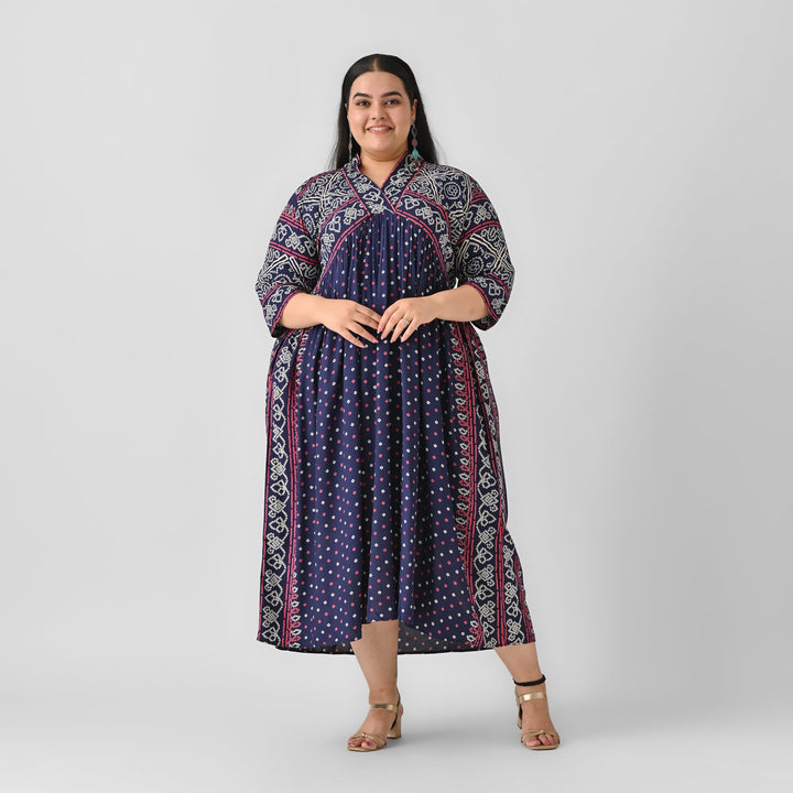 Indigo-Rayon-Bandhani-V-Neck-Gathered-Maxi-Dress