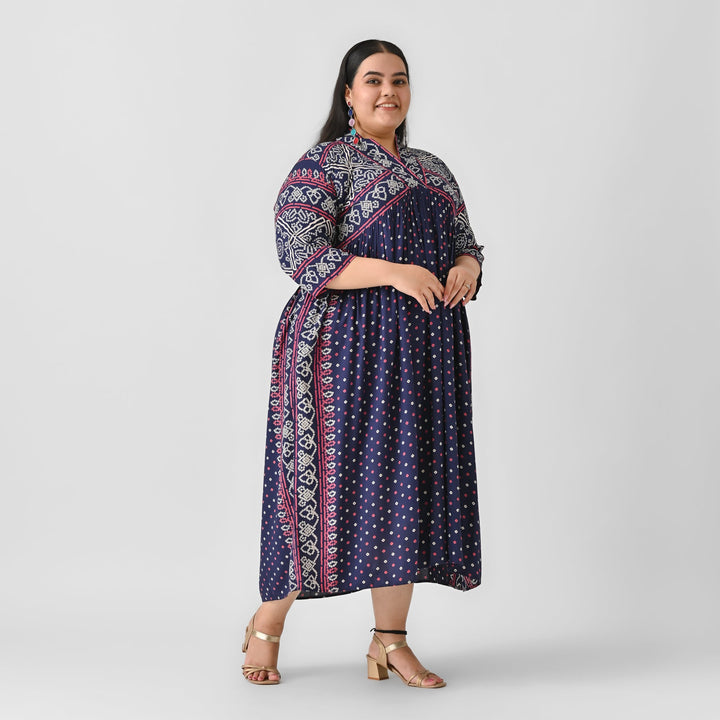 Indigo-Rayon-Bandhani-V-Neck-Gathered-Maxi-Dress