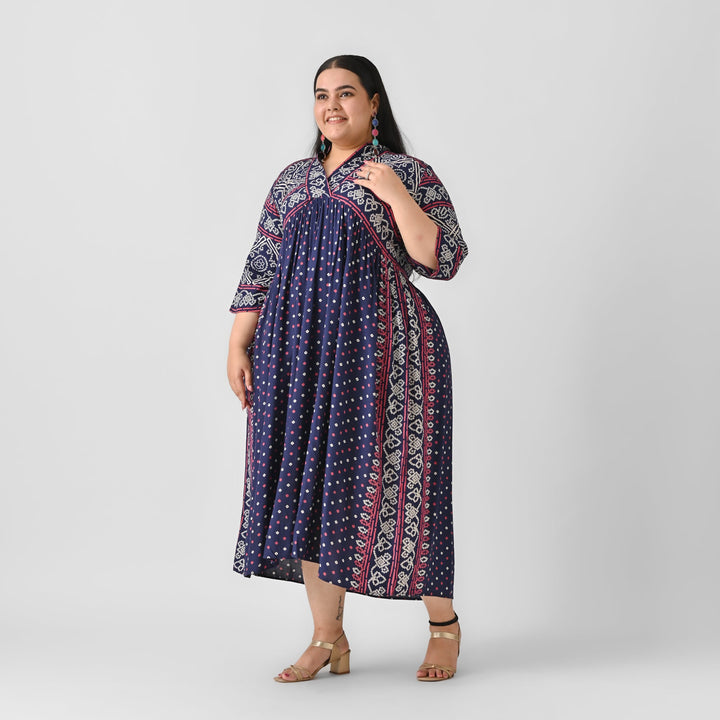 Indigo-Rayon-Bandhani-V-Neck-Gathered-Maxi-Dress