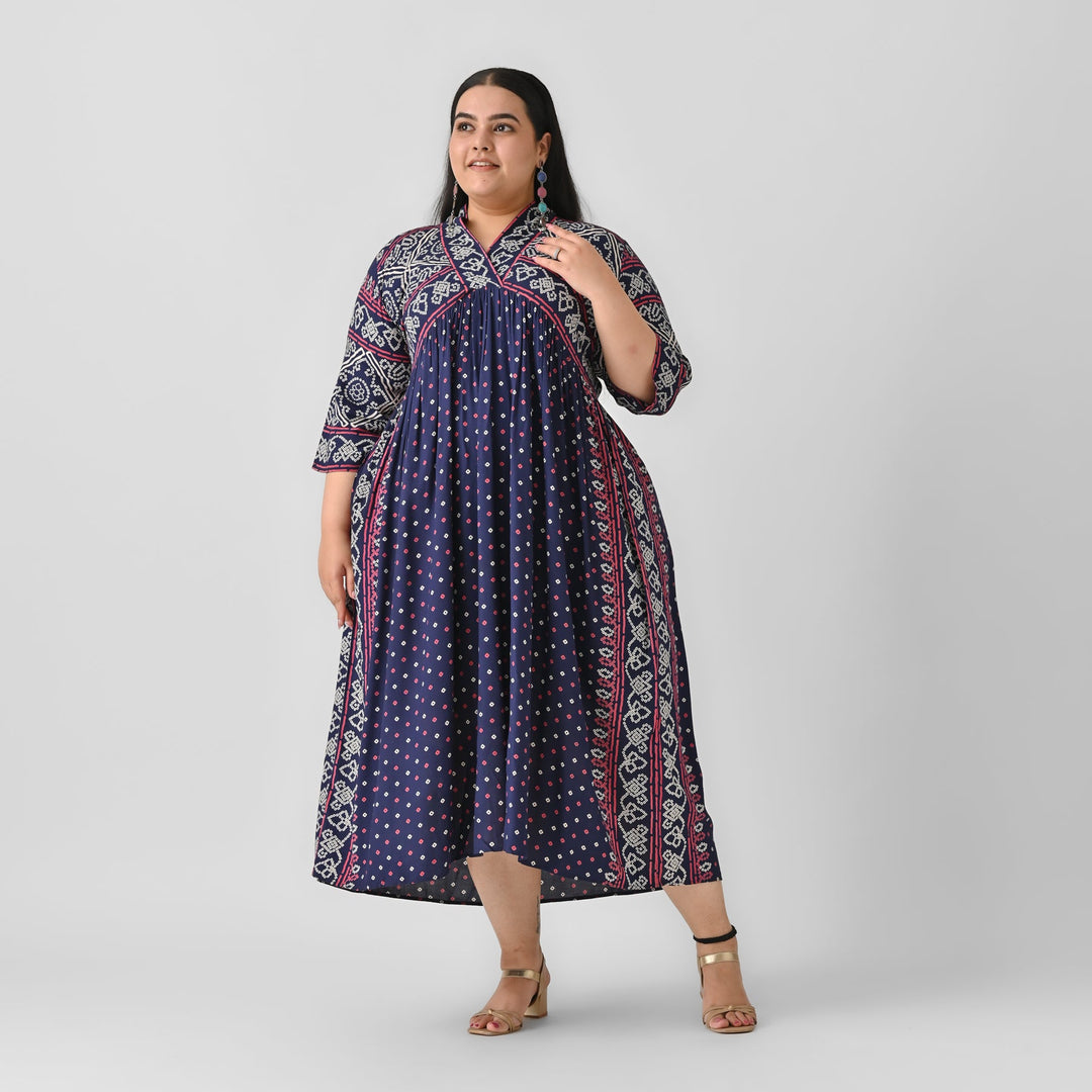 Indigo-Rayon-Bandhani-V-Neck-Gathered-Maxi-Dress