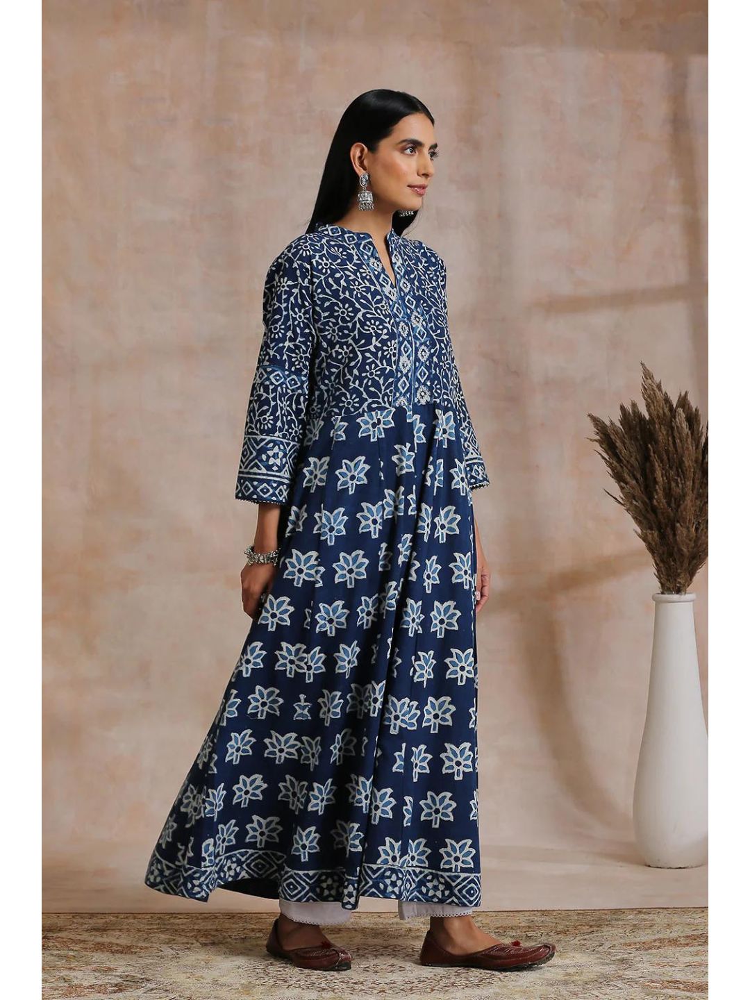 Indigo & White Hand Block Printed A-Line Kurta