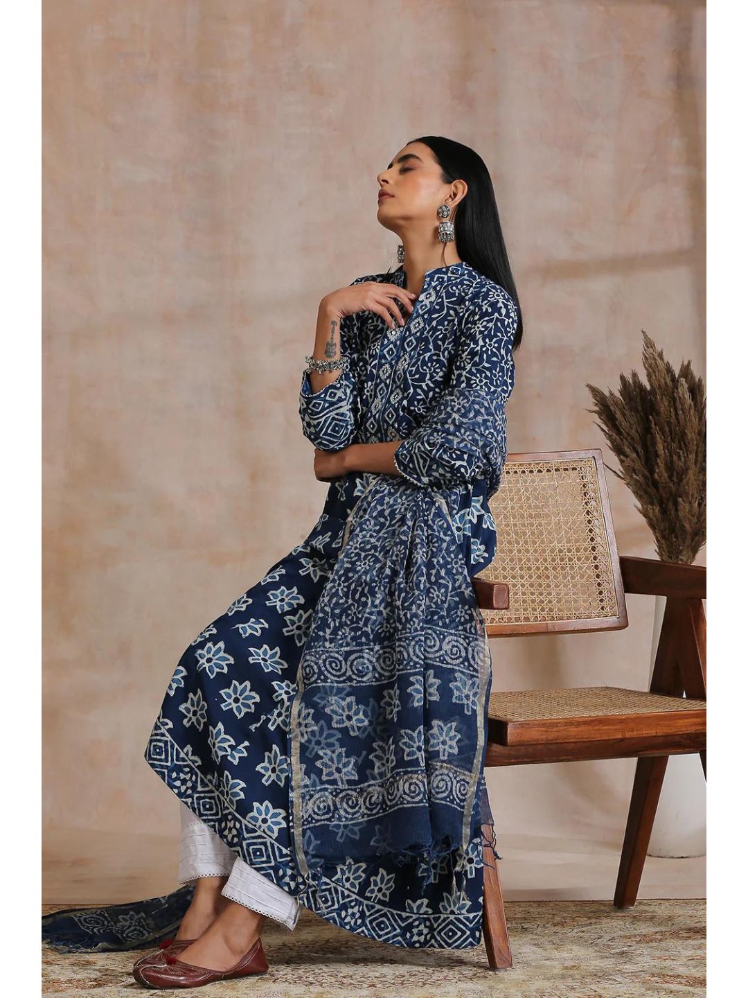 Indigo & White Hand Block Printed A-Line Kurta