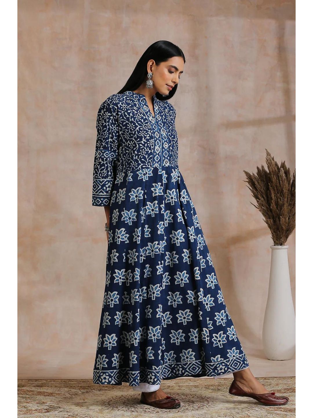 Indigo & White Hand Block Printed A-Line Kurta