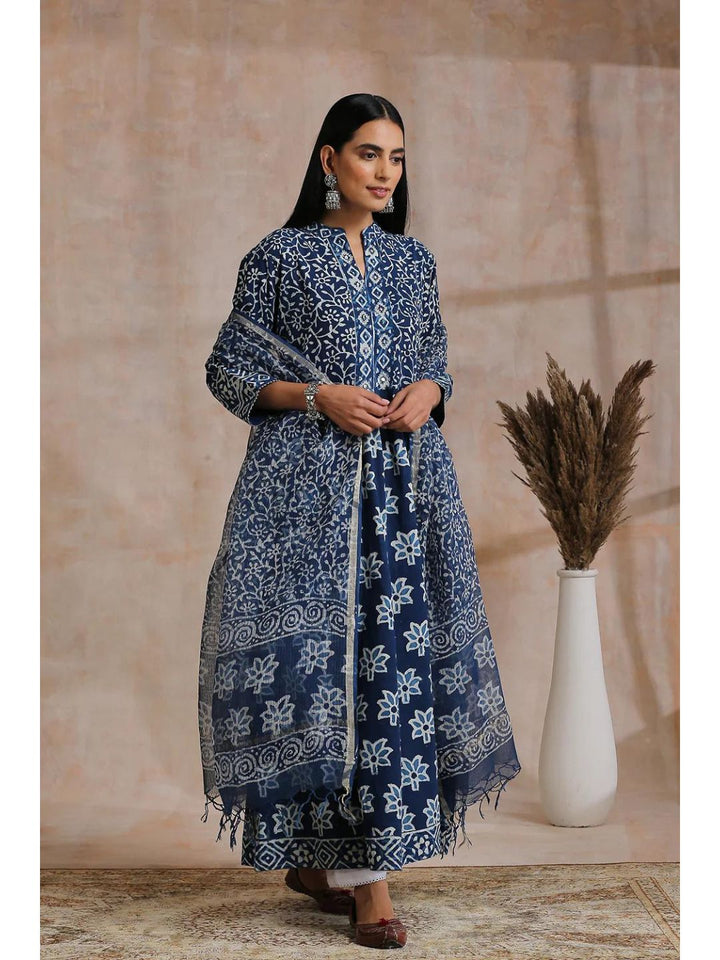 Indigo & White Hand Block Printed A-Line Kurta