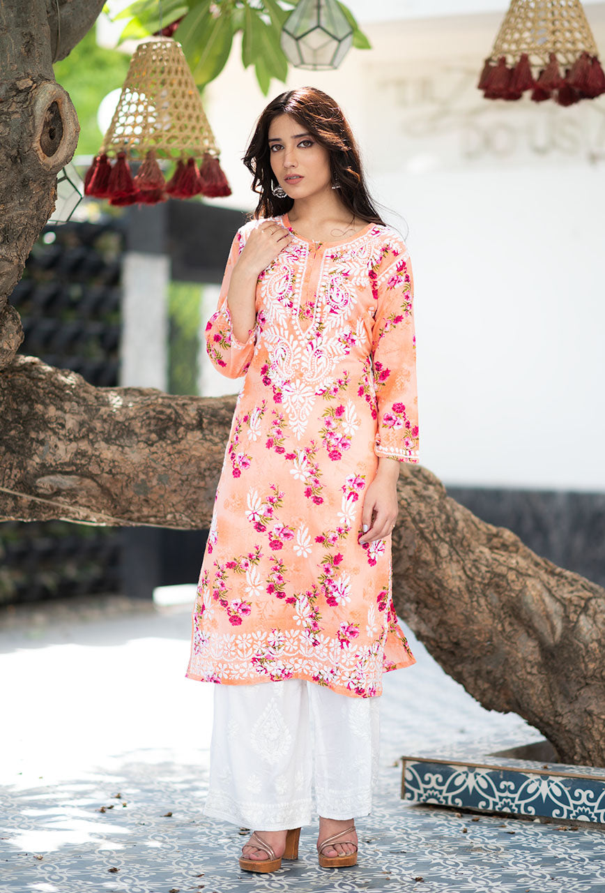 Ishaani-Peach-Mulmul-Chikankari-Kurta