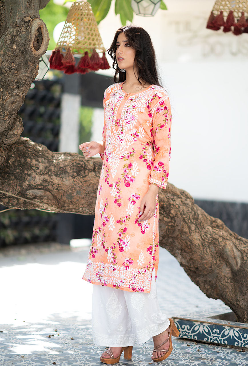 Ishaani-Peach-Mulmul-Chikankari-Kurta