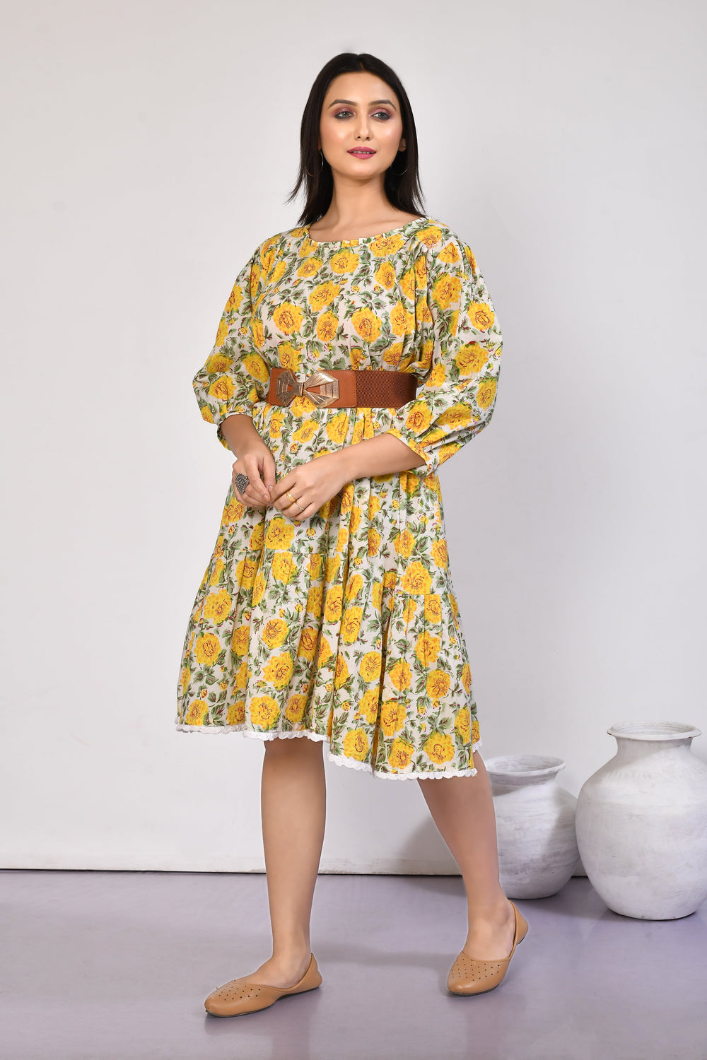 Ishya-Yellow-Cotton-Floral-Tiered-Cotton-Midi-Dress