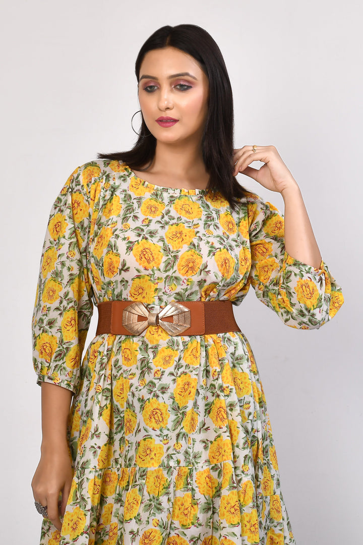 Ishya-Yellow-Cotton-Floral-Tiered-Cotton-Midi-Dress