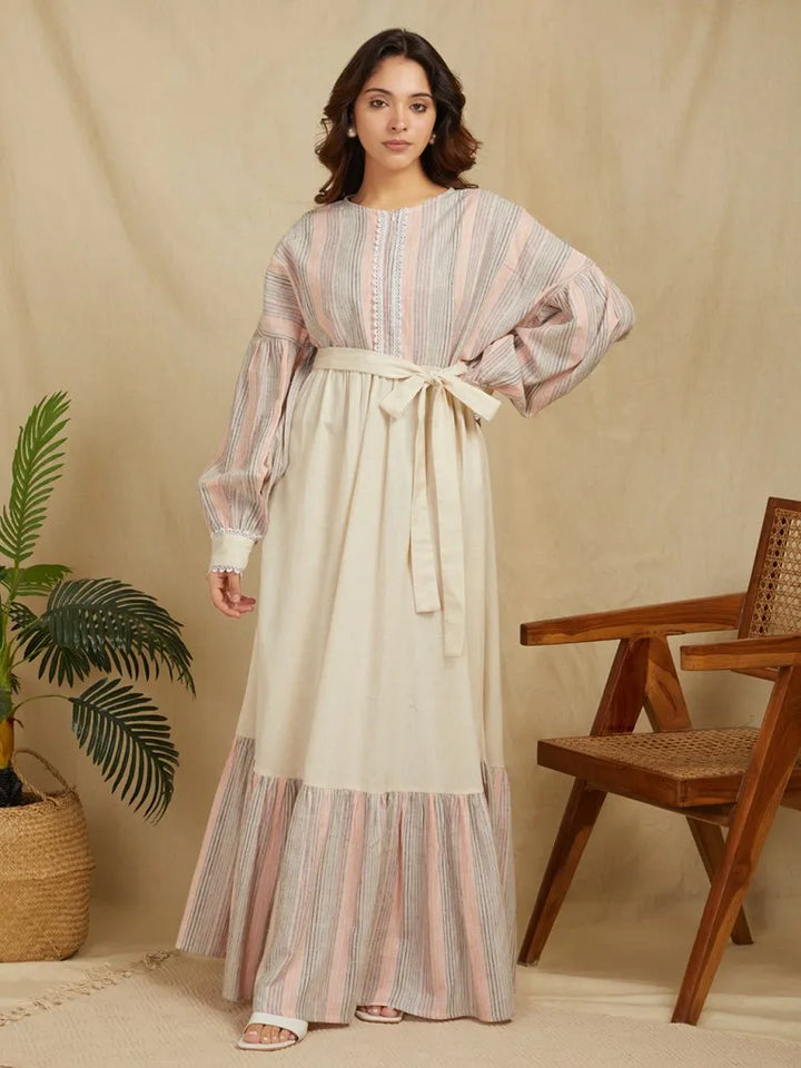 Ivory-100%-Cotton-Stripe-Long-Dress-With-Belt