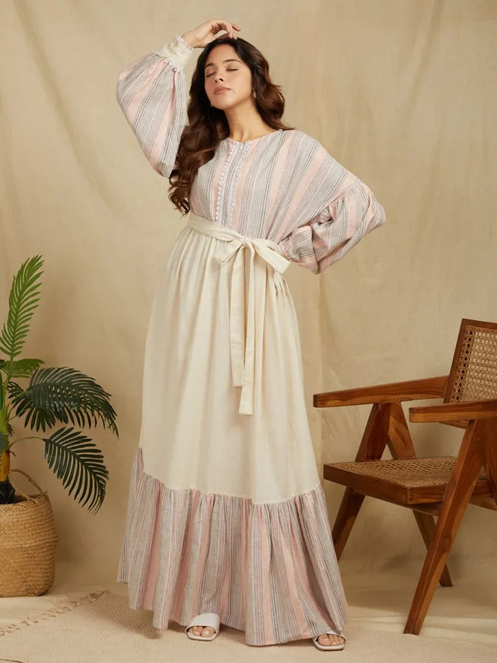 Ivory-100%-Cotton-Stripe-Long-Dress-With-Belt