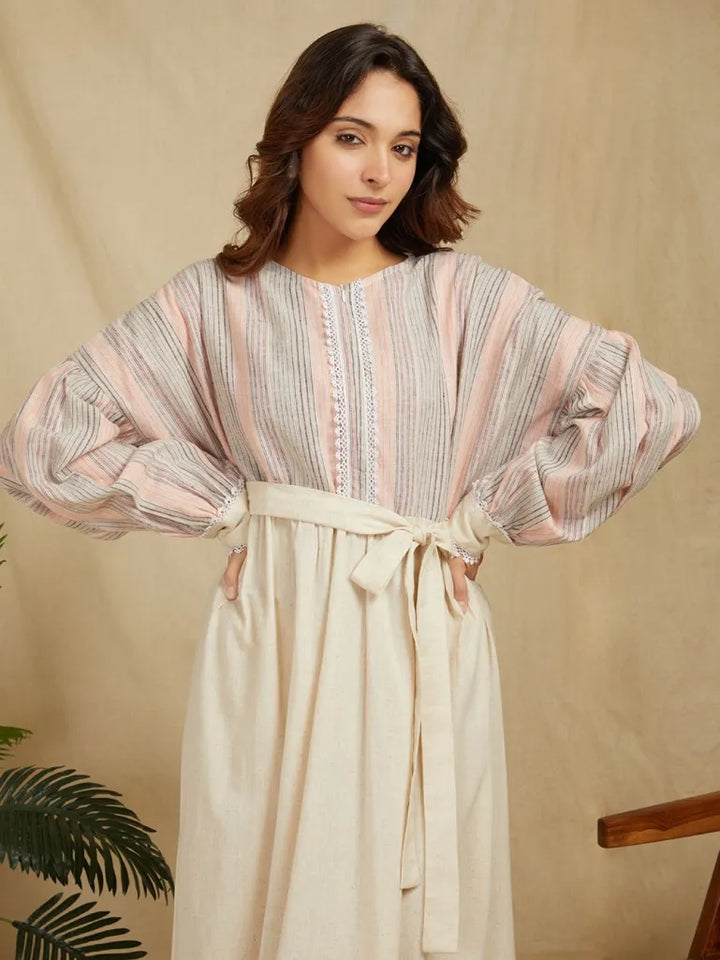 Ivory-100%-Cotton-Stripe-Long-Dress-With-Belt