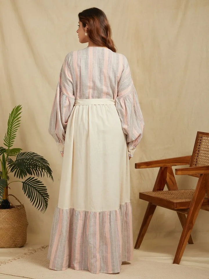 Ivory-100%-Cotton-Stripe-Long-Dress-With-Belt