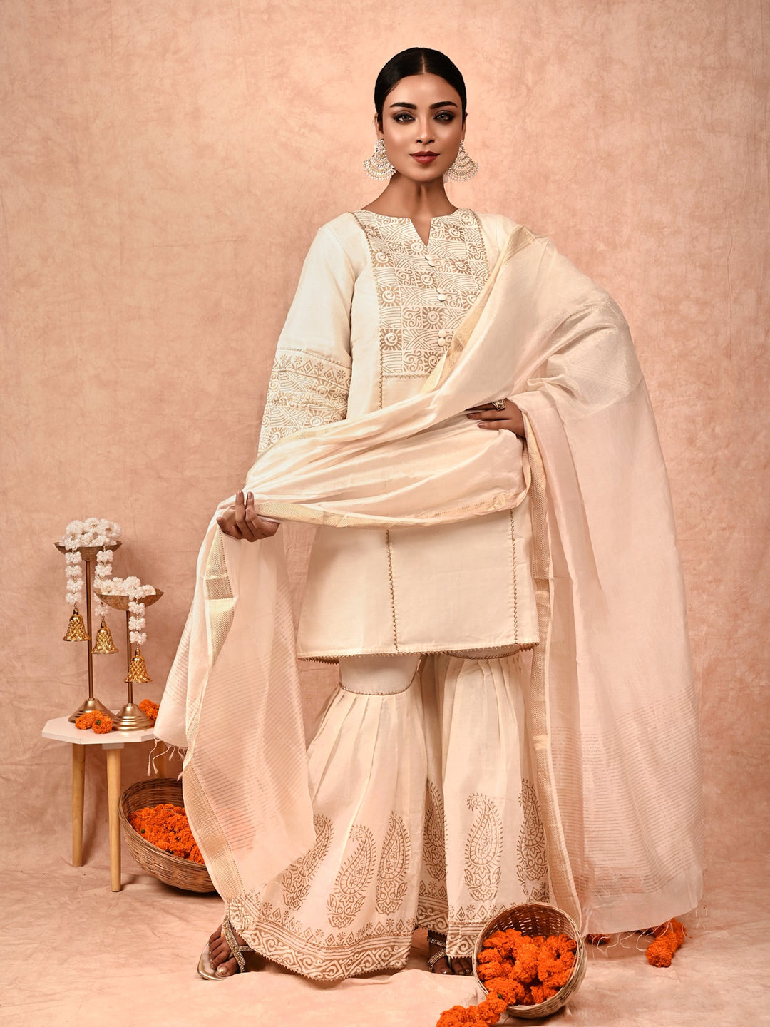 ZERESOUQ-Ivory-Padma-Chanderi-Silk-Sharara-Set-(Set-Of-3)