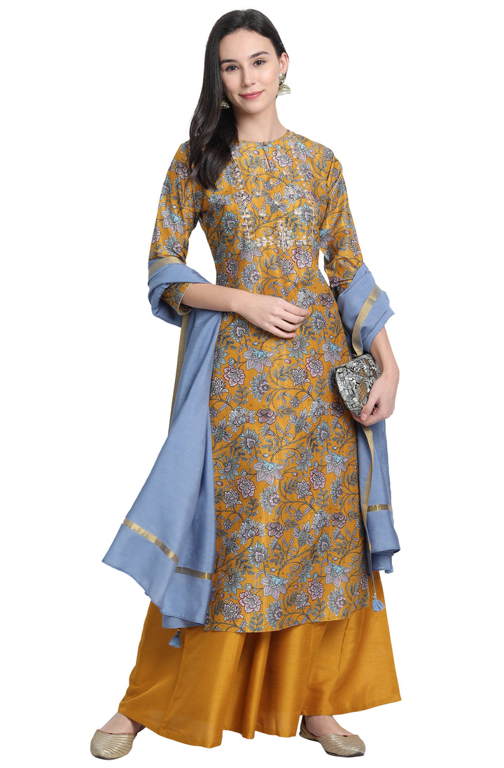 Mustard Poly Muslin Embroidered Kurta with Palazzo and Dupatta