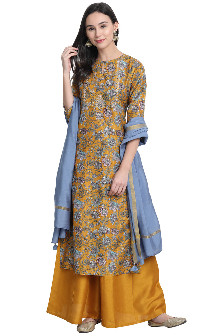 Mustard Poly Muslin Embroidered Kurta with Palazzo and Dupatta