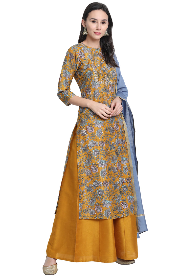 Mustard Poly Muslin Embroidered Kurta with Palazzo and Dupatta