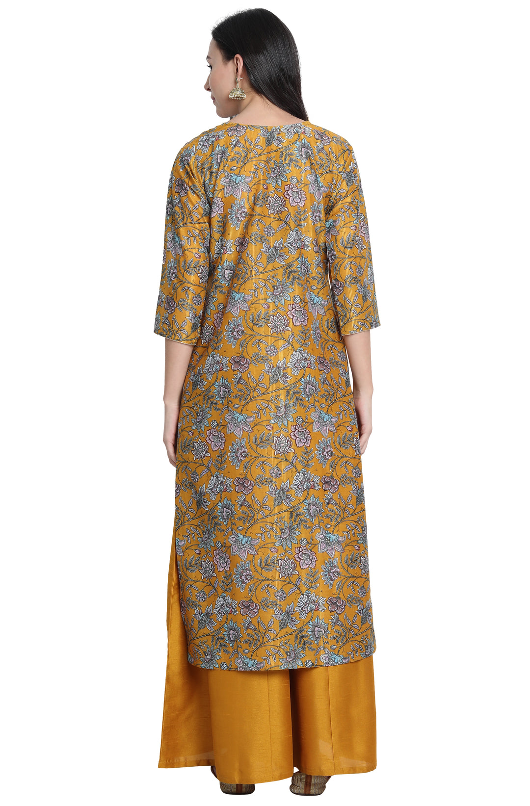 Mustard Poly Muslin Embroidered Kurta with Palazzo and Dupatta