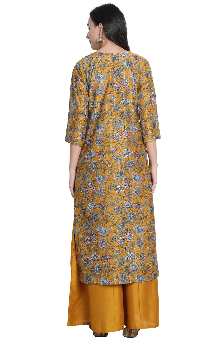 Mustard Poly Muslin Embroidered Kurta with Palazzo and Dupatta