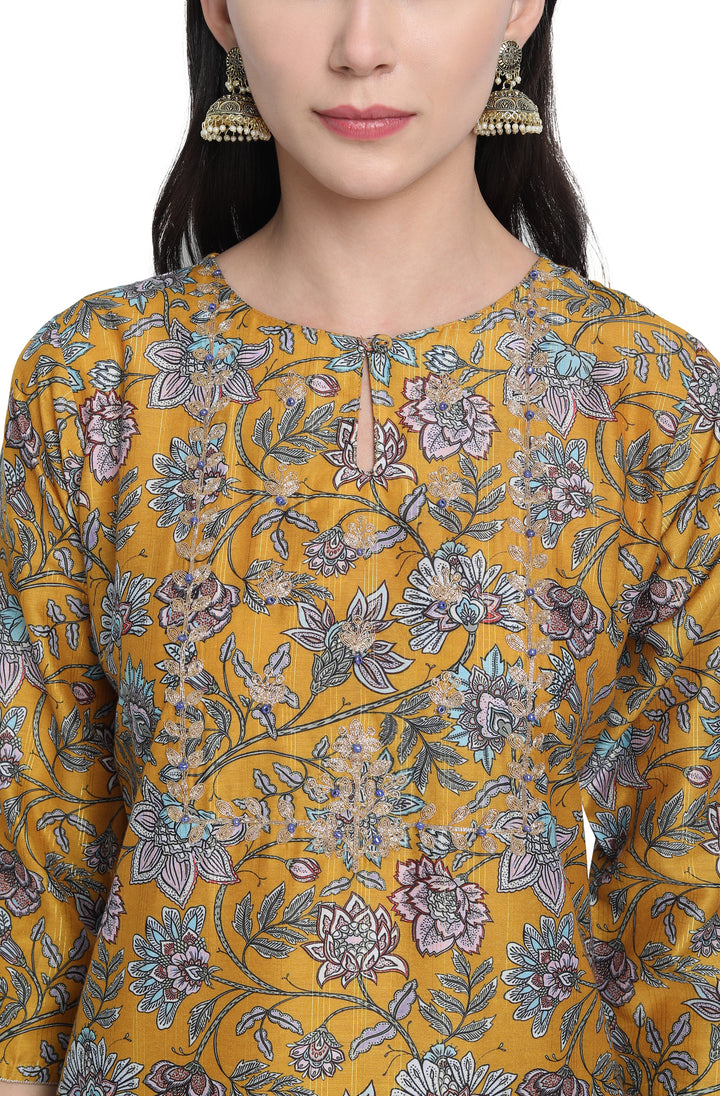 Mustard Poly Muslin Embroidered Kurta with Palazzo and Dupatta