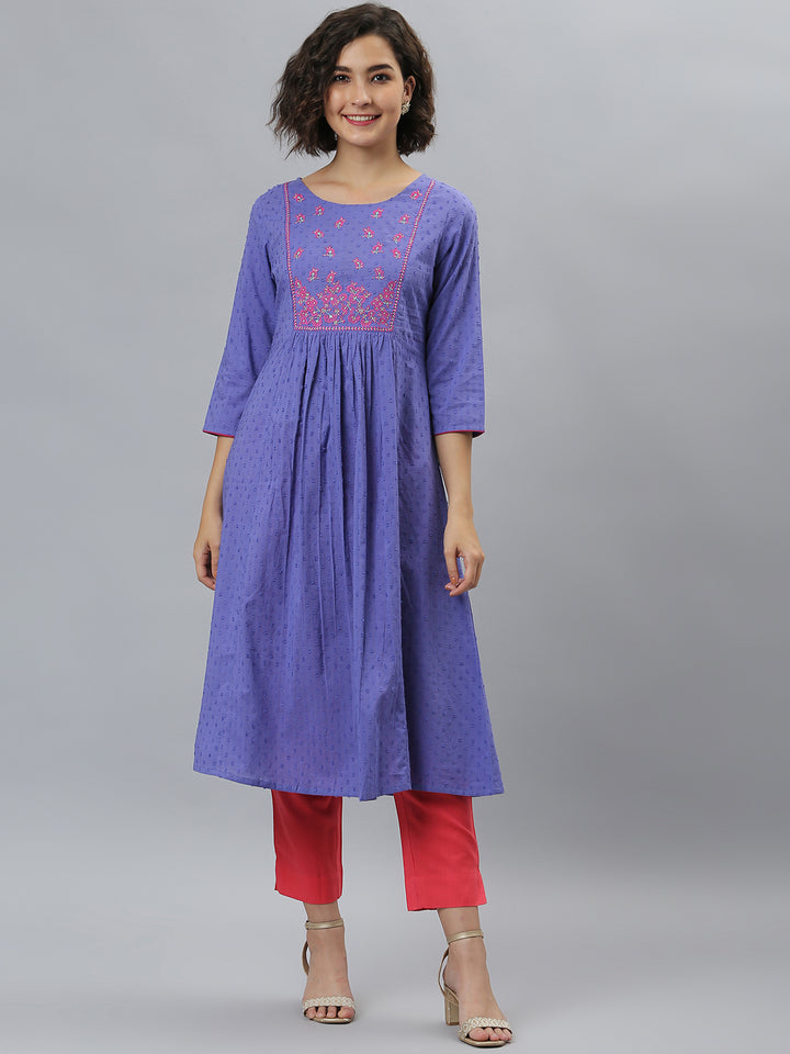 Purple Cotton Embroidered Flared Kurta