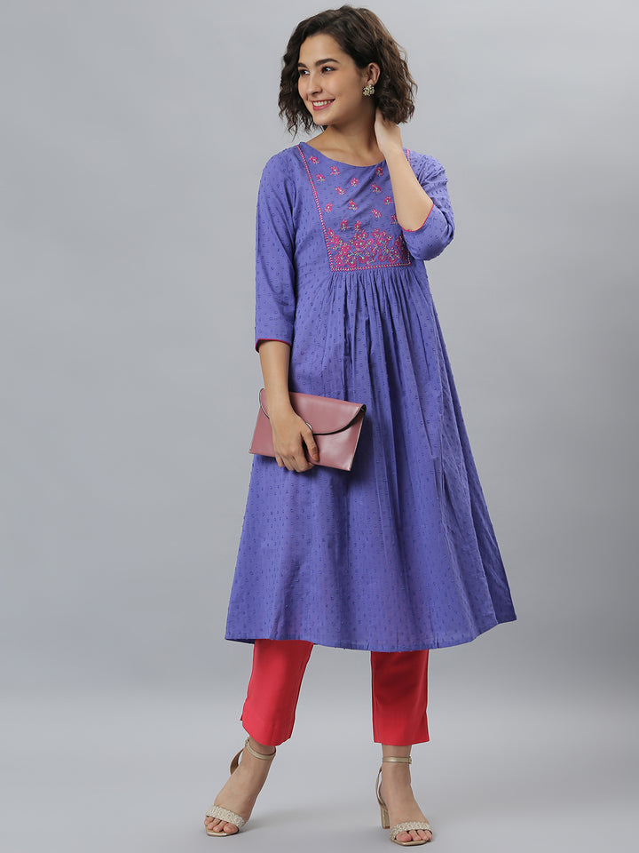 Purple Cotton Embroidered Flared Kurta