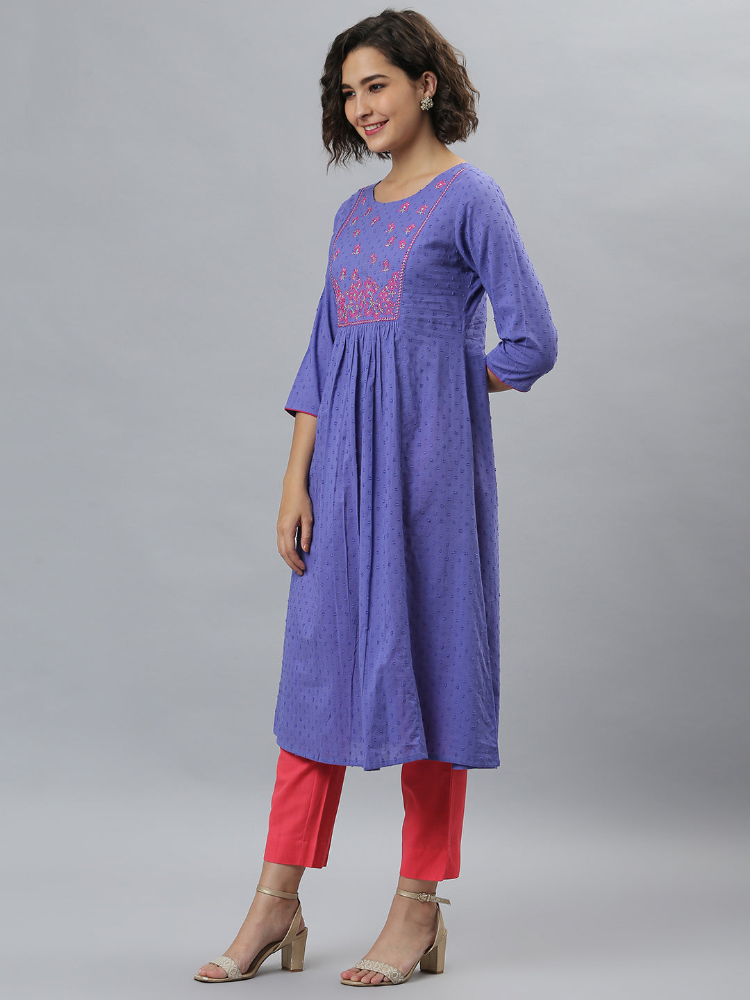 Purple Cotton Embroidered Flared Kurta