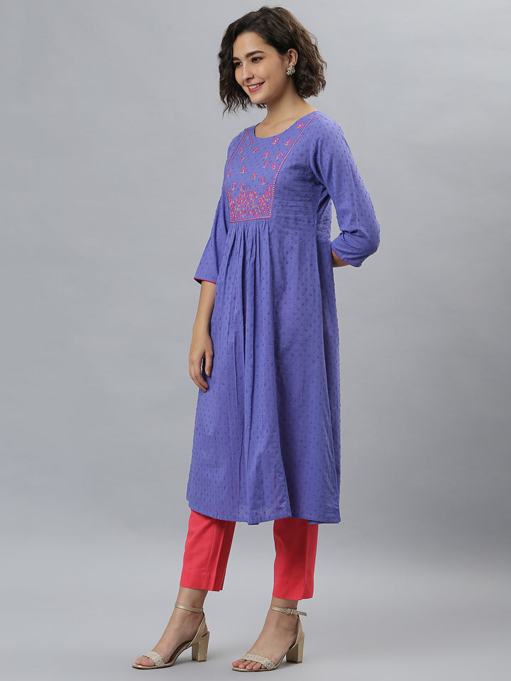 Purple Cotton Embroidered Flared Kurta