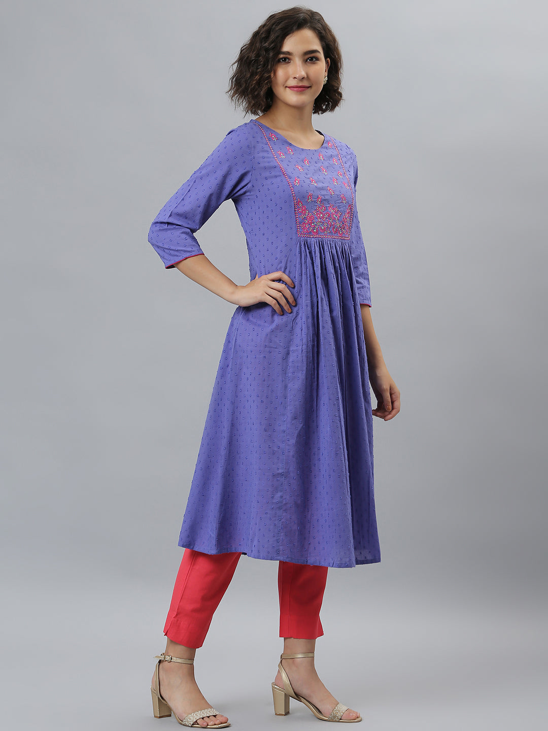 Purple Cotton Embroidered Flared Kurta