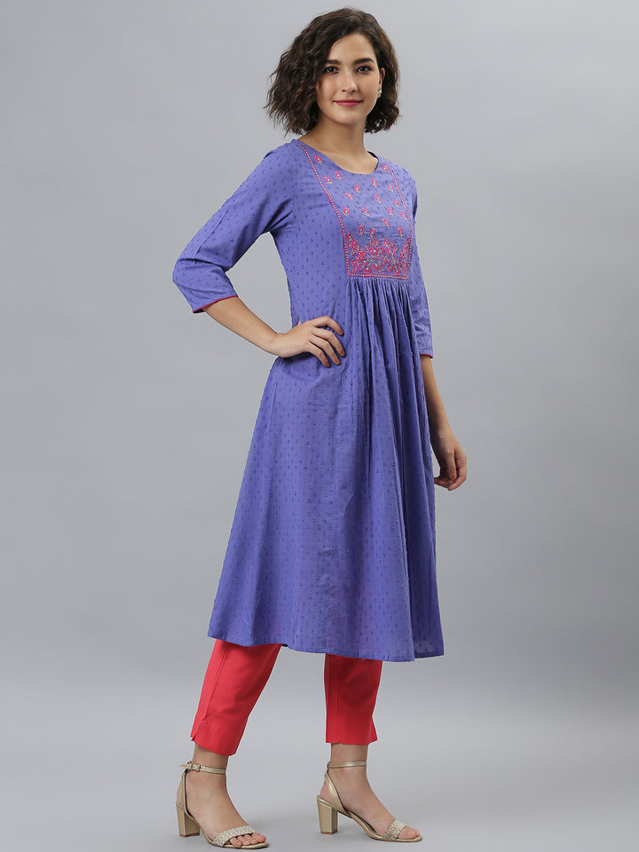 Purple Cotton Embroidered Flared Kurta