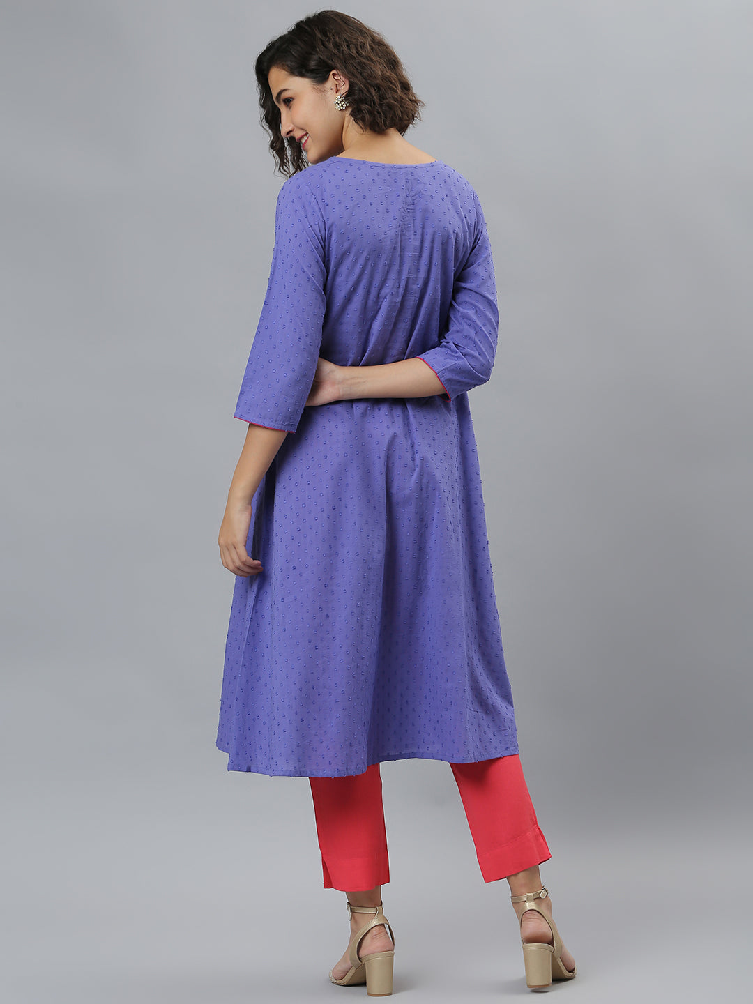 Purple Cotton Embroidered Flared Kurta