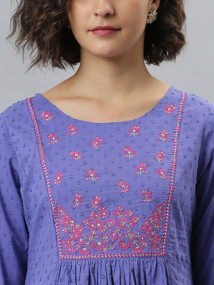 Purple Cotton Embroidered Flared Kurta