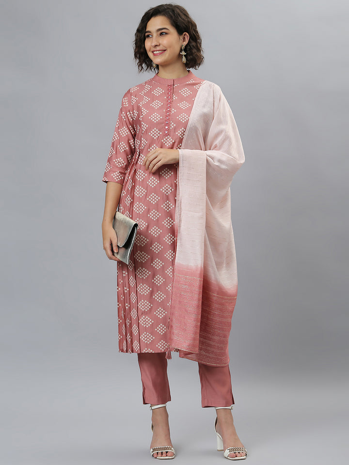 Pink Poly Silk Bandhani Printed Kurta with Pant and Dupatta