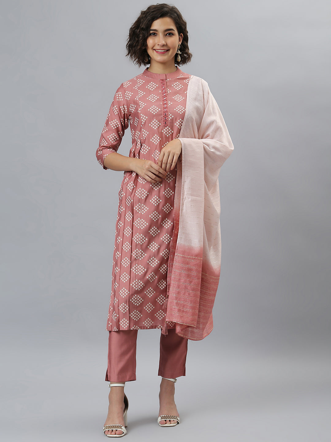 Pink Poly Silk Bandhani Printed Kurta with Pant and Dupatta