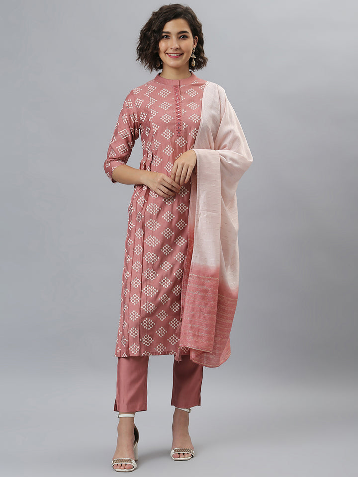 Pink Poly Silk Bandhani Printed Kurta with Pant and Dupatta