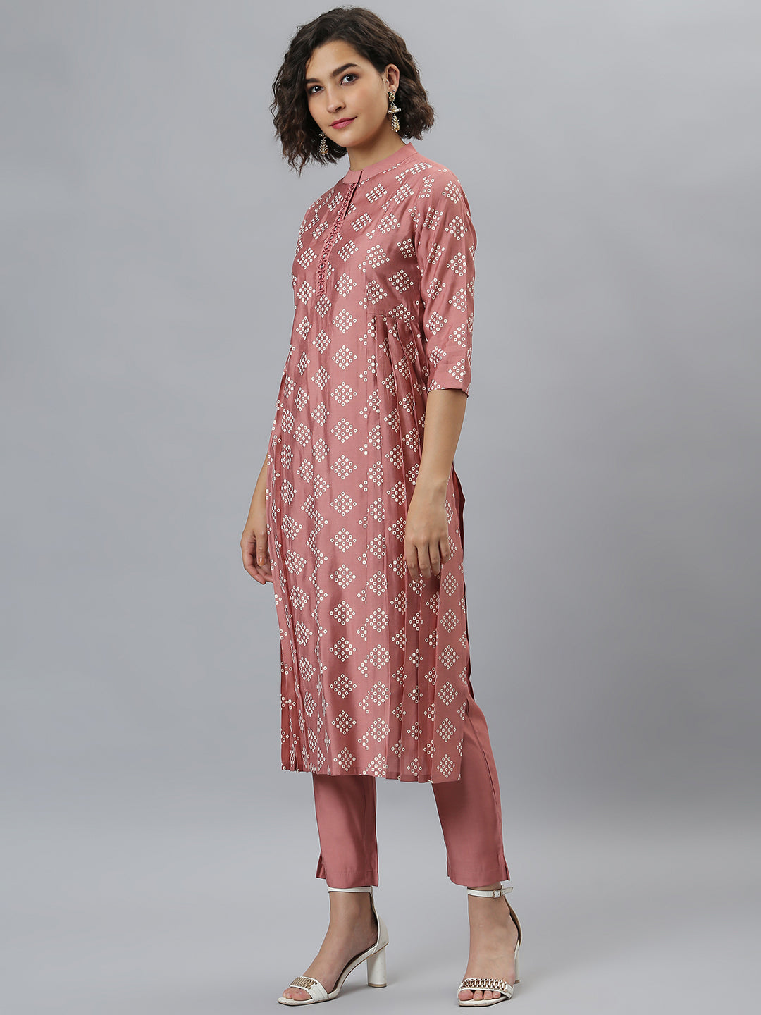 Pink Poly Silk Bandhani Printed Kurta with Pant and Dupatta