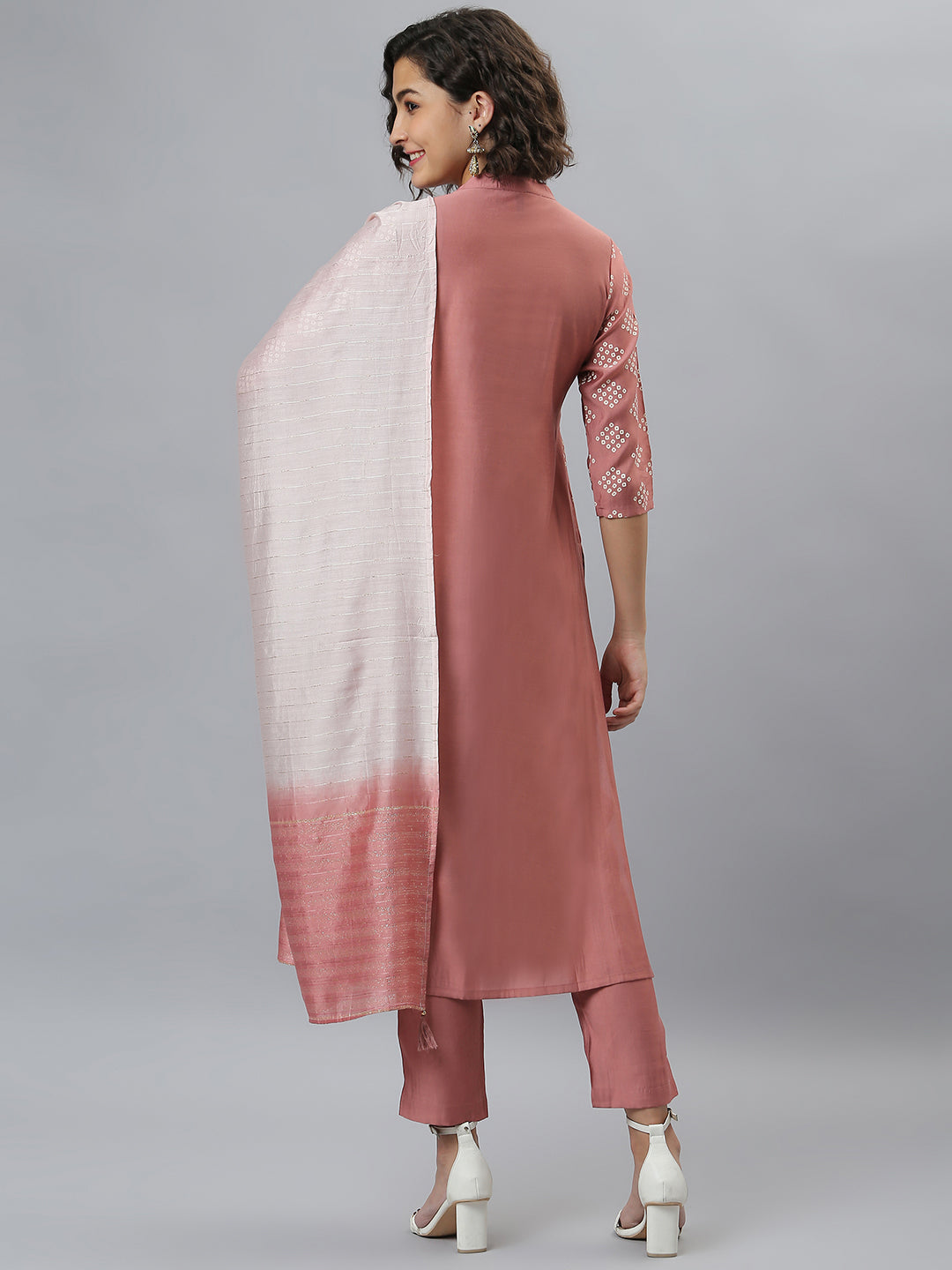 Pink Poly Silk Bandhani Printed Kurta with Pant and Dupatta
